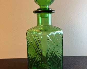 Vintage Empoli Green Glass Diamond Pattern Decanter with Stopper