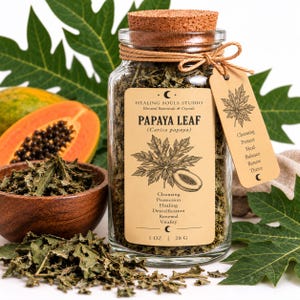 May include: A clear glass jar filled with dried green papaya leaves, sealed with a cork stopper and tied with twine. The label reads Papaya Leaf, Healing Souls Studio, 1 oz | 28 g, and lists benefits. A tag attached to the twine lists Cleansing, Protect, Heal, Balance, Renew, Thrive.