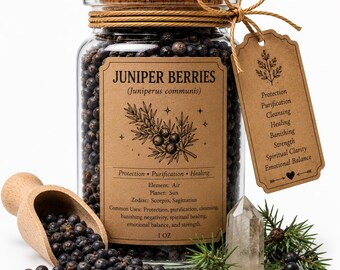 Organic Herb Spell Jar + Spoon | Juniper Berries | Dried, Cut & Sifted | Juniperus Communis | Protection • Purification • Strength | 50ML