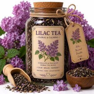Pode incluir: Um frasco de vidro transparente cheio de chá a granel, coberto com uma rolha de cortiça e amarrado com barbante. O rótulo diz LILAC TEA, FLORAL & CALMING, A DELICATE & FRAGRANT HERBAL TEA BLEND, CALM, RELAX, REFRESH, NATURAL, PURE, HANDCRAFTED. Uma etiqueta diz Relax Unwind Breathe Enjoy.