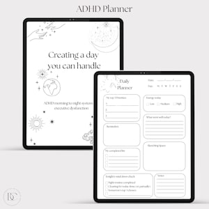 Op de afbeelding: Twee digitale tablets met een planner. De eerste tablet toont de tekst "ADHD Planner" en "Creating a day you can handle". De tweede tablet toont een dagplanner met secties voor prioriteiten, herinneringen en notities. Het ontwerp is minimalistisch met zwart-wit graphics.