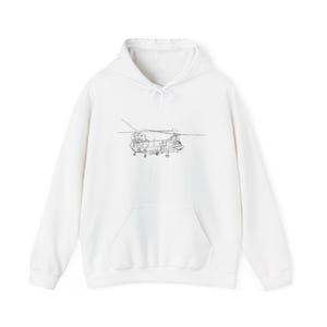May include: White hoodie with a black line drawing of a helicopter on the front. The hoodie has a drawstring hood and a kangaroo pocket. The helicopter design is centered on the chest.
