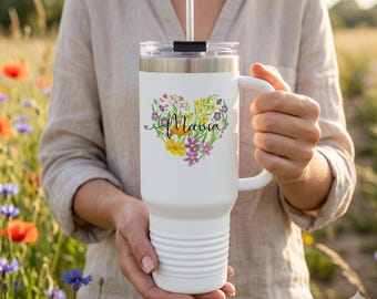 Vaso personalizado Wildflower Mama, taza de viaje floral personalizada, vaso térmico