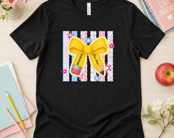 Personalized Pencil Bow T-Shirt, Gift For Teacher From Student, Coquette First Day School Tee, Birthday Christmas Teacher Appreciation Gift