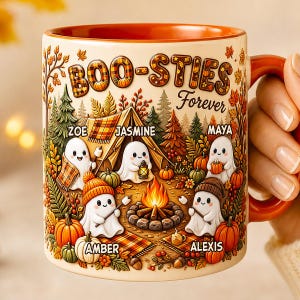 May include: A ceramic mug with an orange interior and handle, featuring a fall-themed illustration of five ghosts camping by a fire. The text reads "BOO-STIES Forever" with the names Zoe, Jasmine, Maya, Amber, and Alexis printed above the ghosts.
