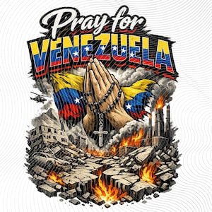 May include: A graphic illustration featuring the text Pray for VENEZUELA in yellow, blue, and red. In the center, two hands are clasped in prayer holding a black rosary with a cross. The background shows a flag, fire, and urban destruction.