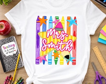 Personalized Striped Pencil Crayon T-Shirt, Gift For Teacher From Student, Custom Name Colorful Classroom Tee, Back To School Keepsake Gift