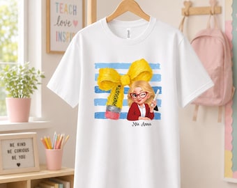 Personalized Kindergarten Teacher Shirt, Gift For Teacher From Student, Custom Name Cute Chibi Pencil Bow Teacher Tee, Back To School Gift