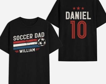 Personalized Soccer Dad Shirt Number Front Back Retro, Gift For Dad From Kids, Soccer Game Day Vintage Stripe Player Name Tee, Soccer Gift