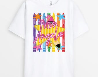 Personalized 1st Grade T-Shirt, Gift For Teacher From Student, Custom Name Kindergarten Pencil Bow Cute Teacher Tee, Back To School Gift