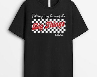 Personalized Helping Tiny Humans Do Big Things T-Shirt, Gift For Teacher From Student, Custom Name Checkered Retro Tee, Back To School Gift