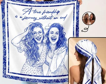 Custom Photo A True Friendship Is A Journey Without An End Satin Scarf, Gift For Best Friend, Pencil Sketch Friendship, Birthday Gift