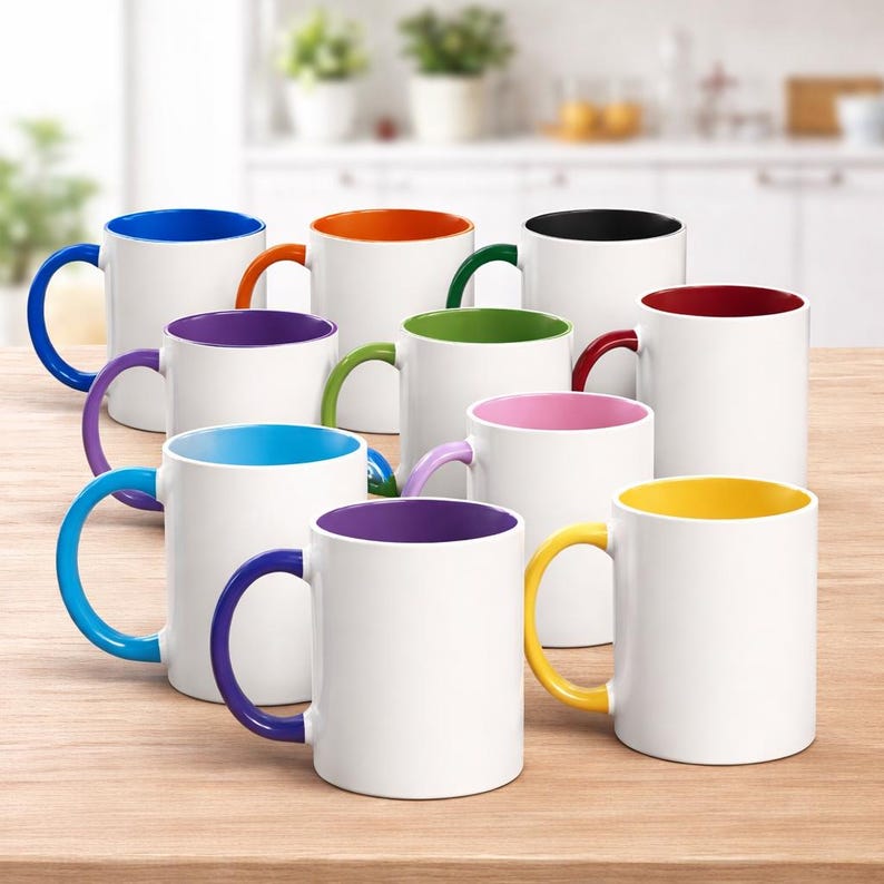 May include: A collection of white ceramic mugs with colored handles and interiors. The mugs feature a variety of colors, including blue, orange, green, black, red, purple, light blue, pink, and yellow. The mugs are arranged on a wooden surface.