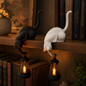 May include: Two cat-shaped ornaments, one black and one white, each sitting on a ledge with a long tail extending downward. Each cat holds a small, black, hexagonal lantern with a glowing, warm-toned light source inside, suspended from its tail.