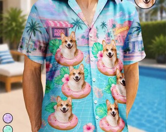 Custom Photo Dog Cat Kid Hawaiian Summer Pool Shirt, Gift For Pet Owner From Family, Tropical Button Up Pet Face Beach Tee, Summer Gift