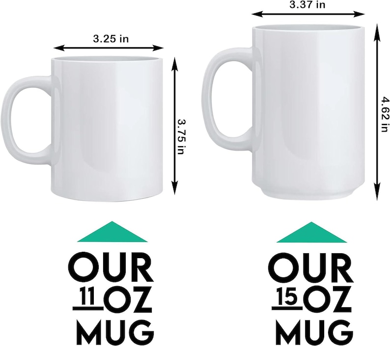 May include: Two white ceramic mugs with handles are displayed. The smaller mug is 3.25 inches wide and 3.75 inches tall. The larger mug is 3.37 inches wide and 4.62 inches tall. Text at the bottom reads "OUR 11 OZ MUG" and "OUR 15 OZ MUG".