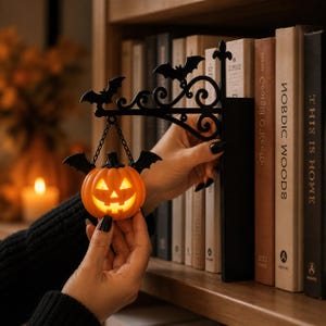 Halloween Pumpkin Bookshelf Lantern, Spooky Book Nook Light, Gothic Library Lamp Gift for Bookish Readers