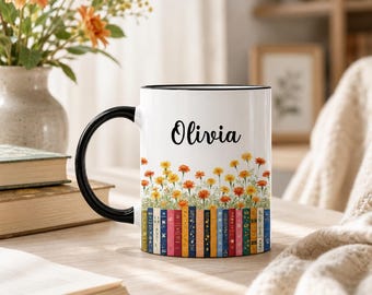 Personalized Birth Month Flower Bookshelf Coffee Mug, Custom Name Ceramic Cup, Birthday Gift