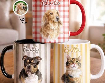 Custom Photo Pet Portrait Coffee Mug, Gift For Dog Cat Lovers, Gingham Pet Photo Ceramic Cup Custom Name, Birthday Father's Day Gift