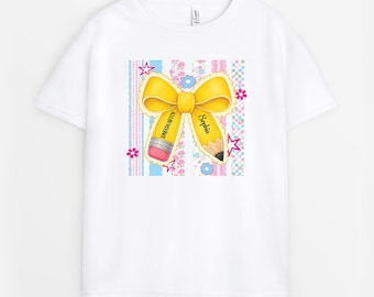 Personalized Kindergarten Pencil Bow Shirt, Gift For Daughter From Mom Dad, Custom Name Coquette Back To School Tee, Birthday Christmas Gift