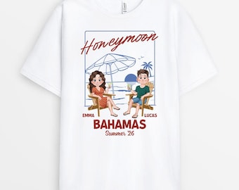 Personalized Honeymoon Shirt, Gift For Couple From Friend Family, Custom Name Bahamas Destination Just Married Tee, Wedding Anniversary Gift