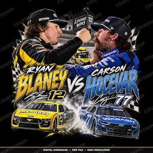 May include: A graphic design featuring race car drivers Ryan Blaney and Carson Hocevar in a confrontation, with their respective yellow number 12 and blue number 77 race cars below. The text reads Ryan Blaney vs Carson Hocevar and Logano Wins.