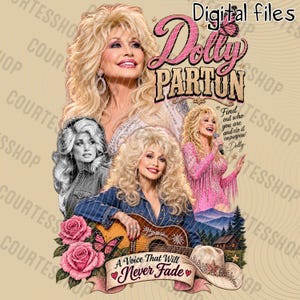 Pode incluir: Um gráfico digital apresentando vários retratos de Dolly Parton, incluindo um grande retrato loiro, uma imagem em preto e branco e uma imagem colorida com um traje rosa. Inclui o texto Dolly Parton, Digital files e A Voice That Will Never Fade.