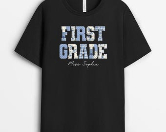 Personalized First Grade Teacher Shirt, Gift For Teacher From Student, Custom Name Patchwork Floral First Grade T-Shirt, Back To School Gift