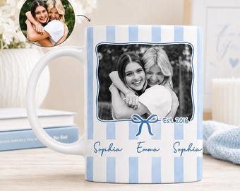 Custom Photo Bestie Striped Coffee Mug, Gift For Best Friend From Bestie, Coquette BFF Ceramic Cup, Birthday Christmas Friendship Gift