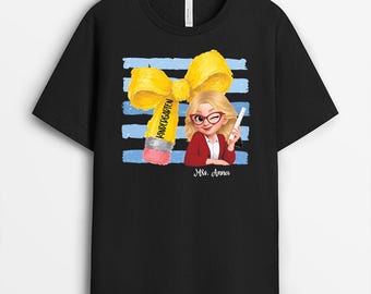 Personalized 1st Grade T-Shirt, Gift For Teacher From Student, Custom Name Kindergarten Pencil Bow Cute Teacher Tee, Back To School Gift