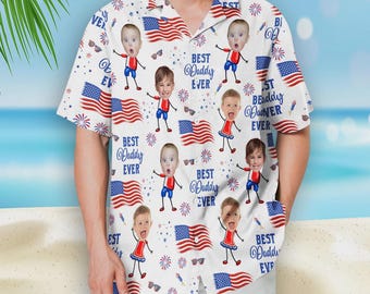 Custom Baby Photo Best Daddy Ever Hawaiian Shirt, Gift For Husband Dad From Wife Kids, 4th Of July Patriotic Button Up Beach Tee, Dad Gift
