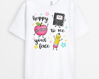 Camiseta personalizada "Me alegra ver tu cara", regalo para profesor de parte de un alumno, camiseta personalizada con nombre y diseño de manzana para el aula, regalo de agradecimiento para el profesor.
