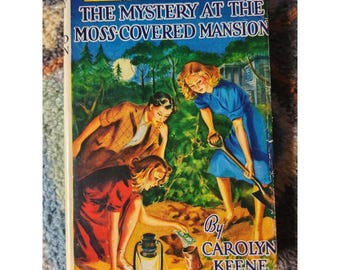 Vintage Nancy Drew Moss-Covered Mansion 25 Ch HC w/DJ Blue Tweed
