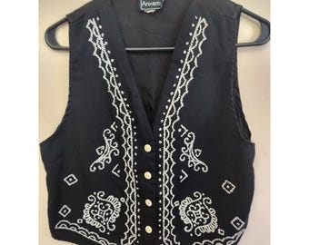 Chaleco vintage ansioso negro y blanco bordado con cuentas para mujer, talla S, estilo boho hipster de los 90.