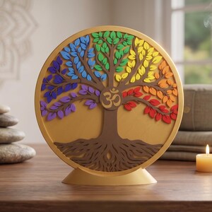 May include: A golden-colored, circular tree of life sculpture with rainbow-colored leaves and the Om symbol. The tree is on a stand, with a stack of stones, a lit candle, and incense. The scene evokes a sense of peace and meditation.