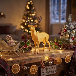 May include: A geometric yellow deer figurine with dark brown antlers standing next to a rustic metal sleigh containing a small burlap sack labeled gifts, accompanied by a miniature flocked Christmas tree and a garland of dried orange slices.