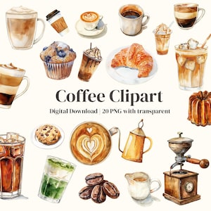 Può includere: Una collezione di illustrazioni ad acquerello raffiguranti varie bevande al caffè, tra cui latte, caffè freddo ed espresso, insieme a prodotti da forno come un croissant, un muffin e un biscotto, più un macinacaffè e chicchi, con il testo Coffee Clipart.