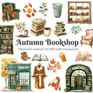 以下が含まれることがあります： Autumn Bookshopと題された水彩画のデジタルコレクション。緑の肘掛け椅子、本の山、コーヒーマグ、本棚、トレンチコート、セーター、秋の葉、そしてAutumn Bookshopの文字が書かれた2つの店舗のファサードが描かれています。
