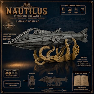 Nautilus Submarine Model | Laser Cut Files SvG DxF Ai DwG | Jules Verne Nautilus DIY Wood Model Kit | CNC Plans