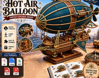 Archivo SVG DXF de dirigible steampunk cortado con láser | Modelo vectorial 3D de zepelín de madera | Archivos Glowforge | Descarga digital de barco volador y globo aerostático