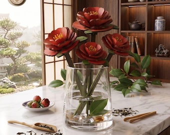3D Red Camellia Wooden Puzzle | DIY Flower Building Kit | Laser Cut Wood Floral Model | Handmade Desk Decor | Everlasting Gift for Her
