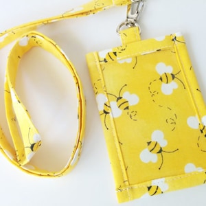 Lanyard ID Holder, Honey Bee Print Cotton Clip On  ID Holder with Hidden Cash Stash and Matching Lanyard with Optional Breakaway Clip