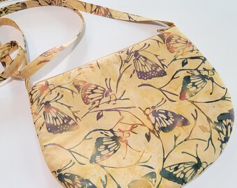 Butterfly Print Batik Cotton Crossbody Bag, Padded Phone Purse