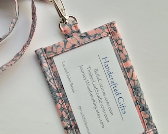 Pink & Gray Batik Lanyard ID Holder, Cotton Clip-On with Cash Stash