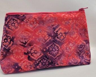 Batik Cotton Zipper Pouch, Lined Cosmetic Travel Bag