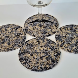 Coasters, Gold and Black Cotton Print Fabric Slipper Coasters, Stemware Slipper Coasters, Wine Glass Charms