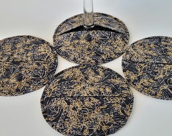 Handcrafted Stemware Coasters, Gold and Black Fabric, Slipper Style
