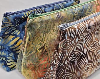 Lined Batik Cotton Cosmetic Bag, Zipper Pouch Organizer, Purse Travel Bag