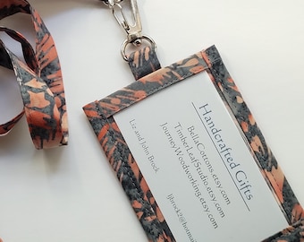 Batik Lanyard ID Holder, Coral & Gray Cotton, Hidden Cash Stash