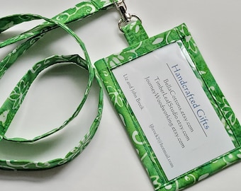 Batik Cotton Lanyard ID Holder, Green & White, Hidden Cash Pocket